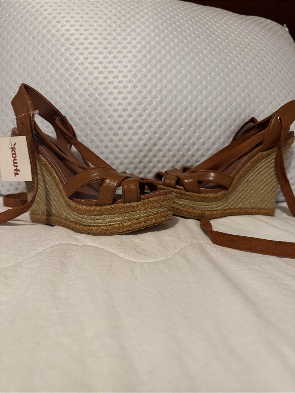 T.J.Maxx Tan Braided Espadrille Wedge Sandals with Ankle Wrap